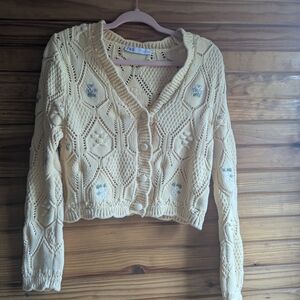 Zara Butter Yellow Cotton Cardigan With Embroidered Flowers
